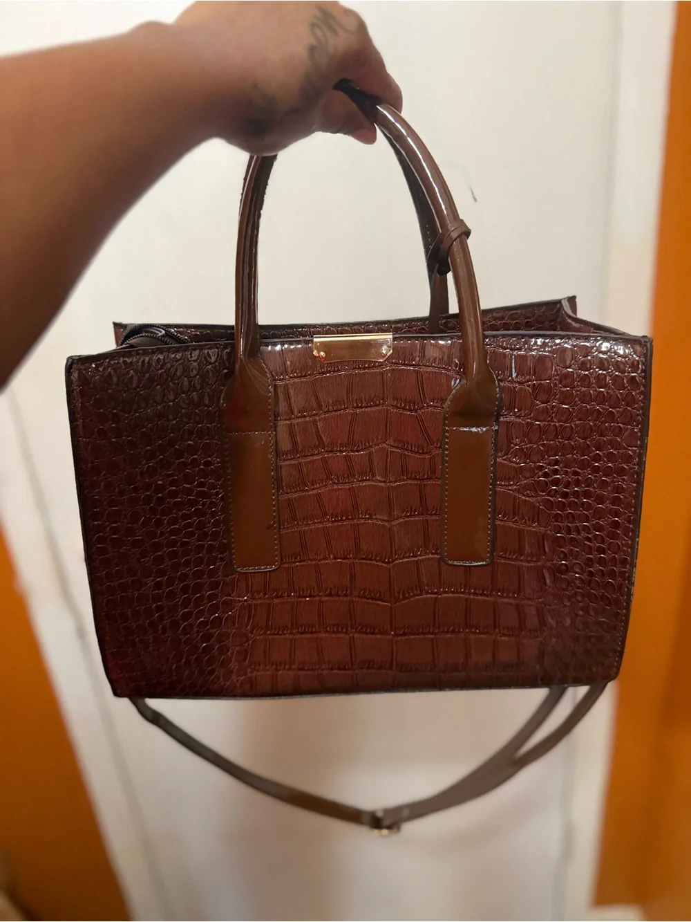 Classic Croc-Embossed Brown Top-Handle Tote